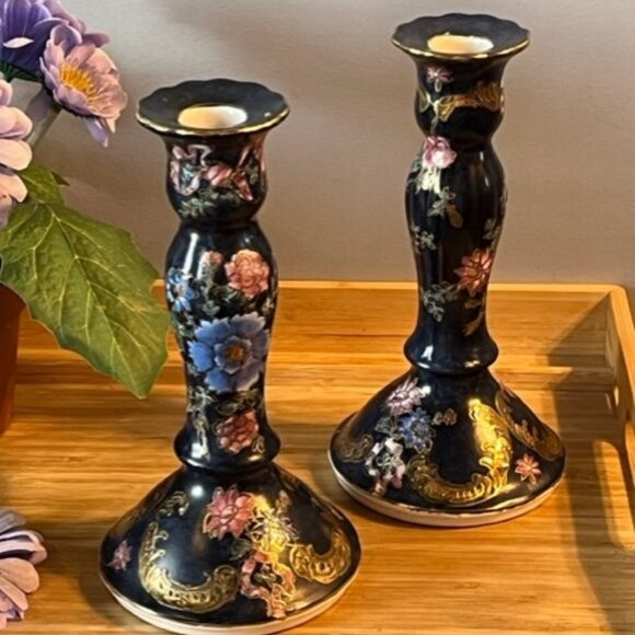 TOYO pair candlesticks cobalt blue enamel gold gilt chinoiserie Vintage - Picture 1 of 5